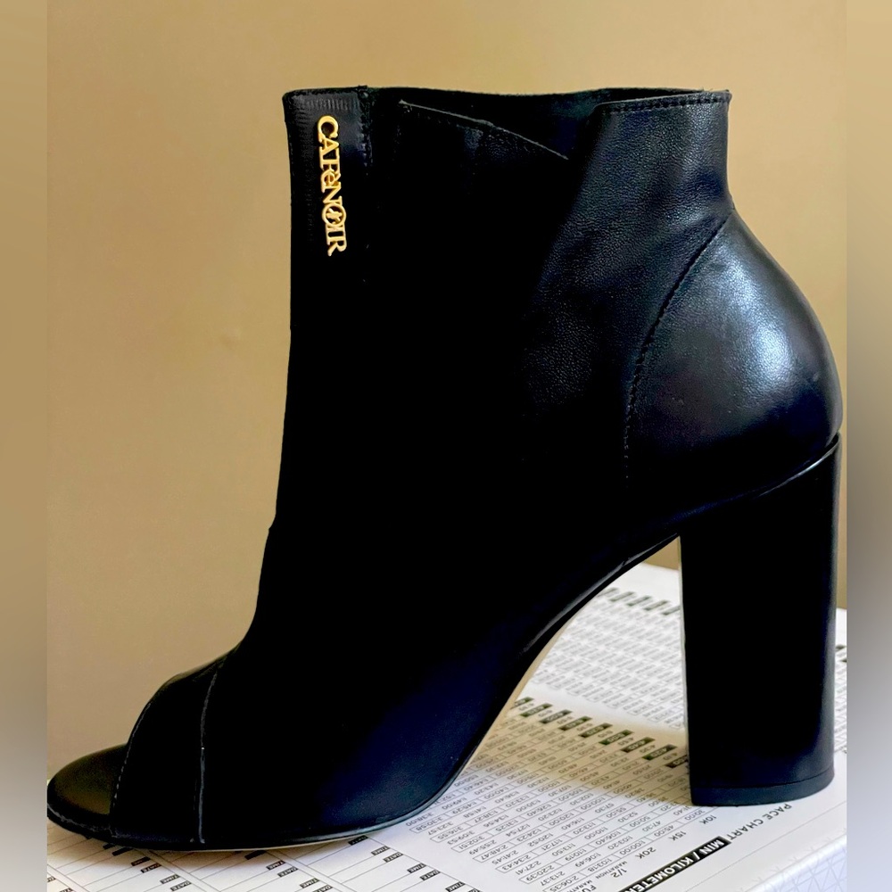 Open toed black heeled boots - never worn